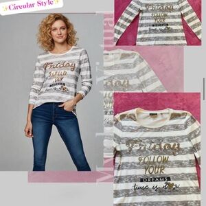 Striped Metallic Script Long-Sleeve Top - Gray & White
